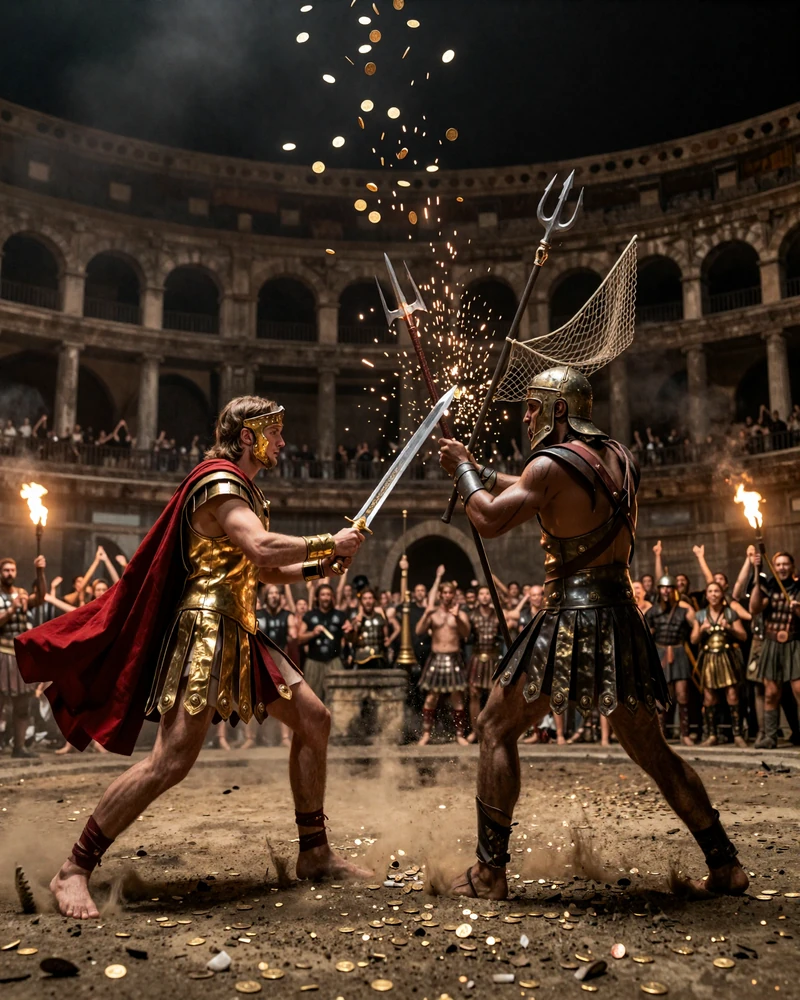 Zwei goldene Gladiatoren im Clash Battle in der Arena von Legiano