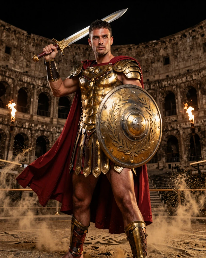 Goldener r&ouml;mischer Gladiator mit Lorbeer-Scutum in der Arena von Legiano Casino