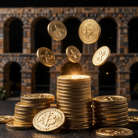 Goldene M&uuml;nzen und Krypto-Symbole f&uuml;r Zahlungsmethoden